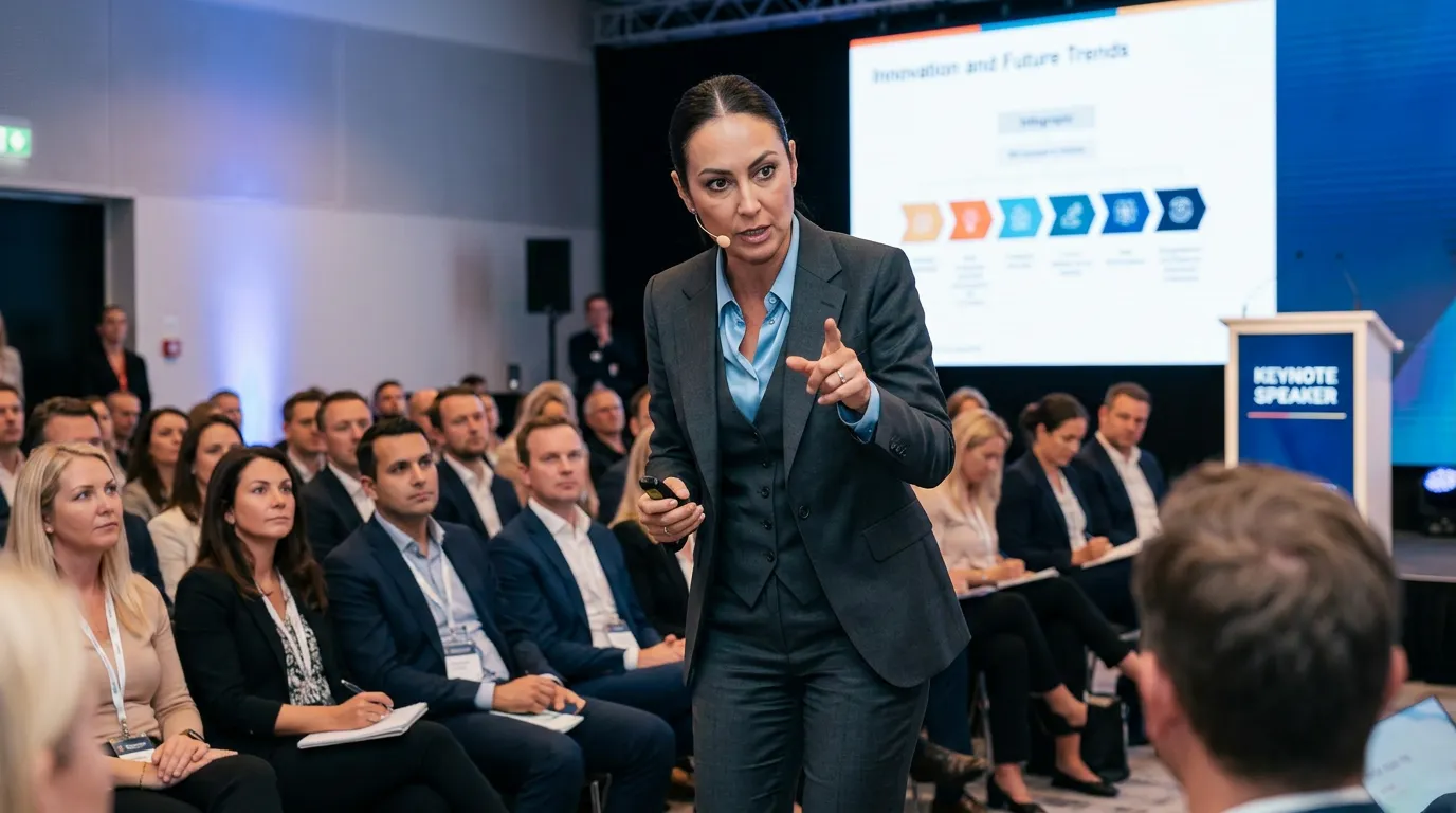 Tara commanding a large conference audience