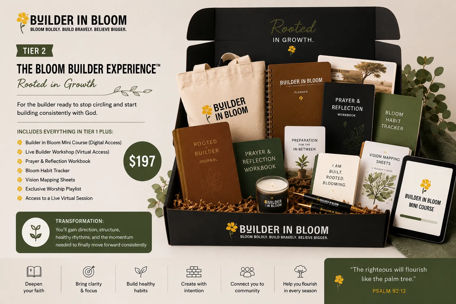 Bloom Builder Experience — box contents including mini course, workbook, habit tracker