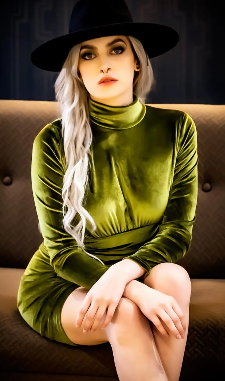 Editorial portrait in green velvet and wide-brim hat